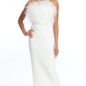 Badgley Mischka - Feather Belted Little White Midi Dress NWT. Worn once!!